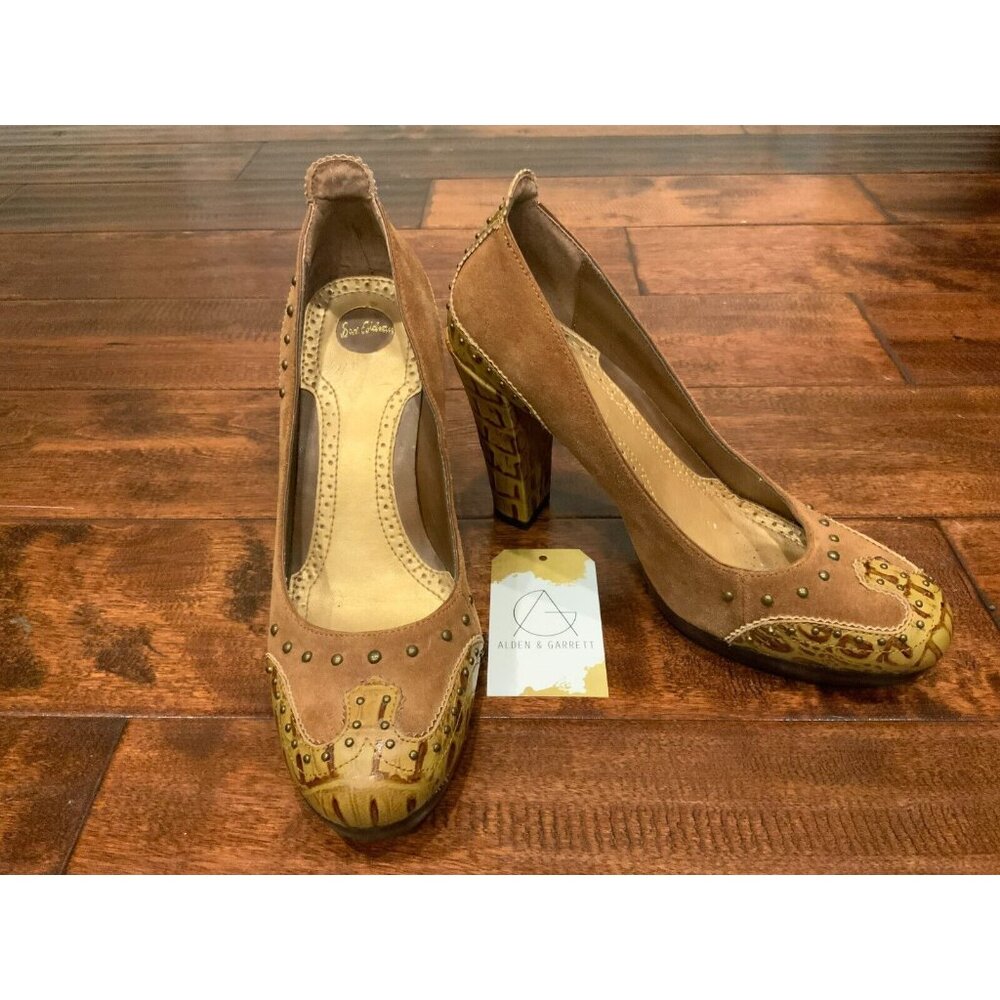 Sam Edelman Brown Leather Studded Pumps W/ Reptile Block Heels, Size 8.5 (US)
